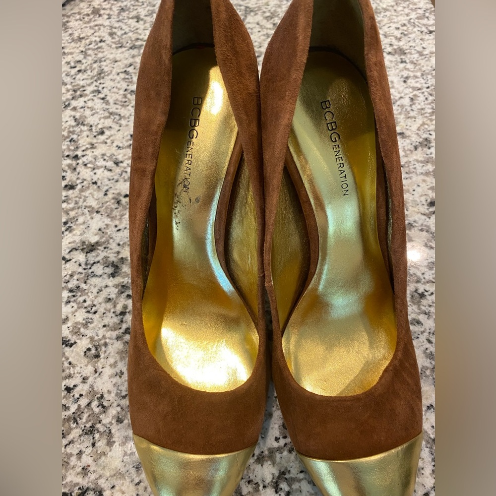 Brown suede and metallic gold leather heels from BCBGeneration